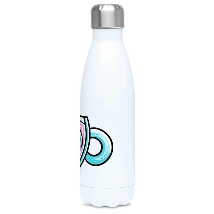 two kawaii cute blue manatees swimming in a glass teacup design on a white metal insulated drinks bottle, side view
