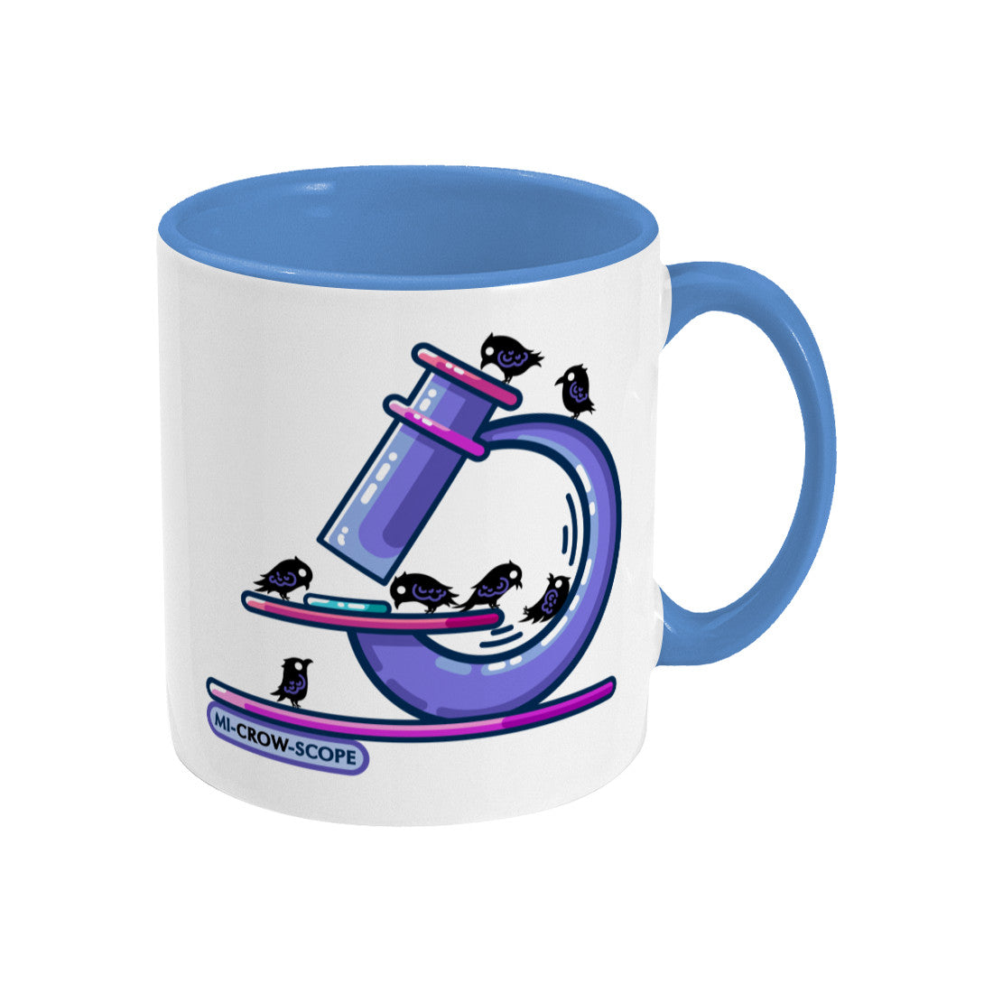 A two-toned white and blue ceramic mug, handle to the right, with a design of a purple microscope with crows standing on it.