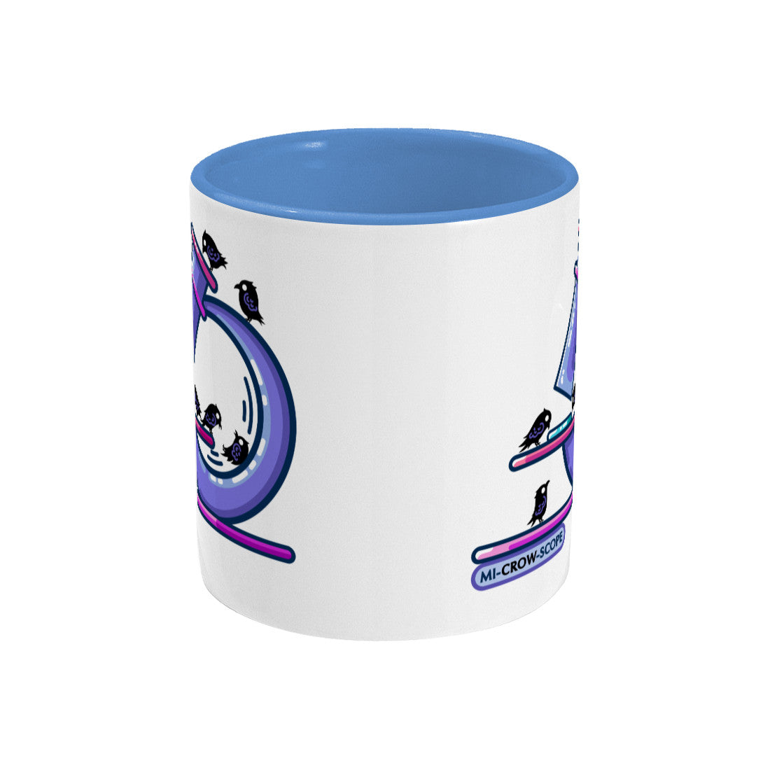 A two-toned white and blue ceramic mug, side on, with the edges of the front and back designs showing.