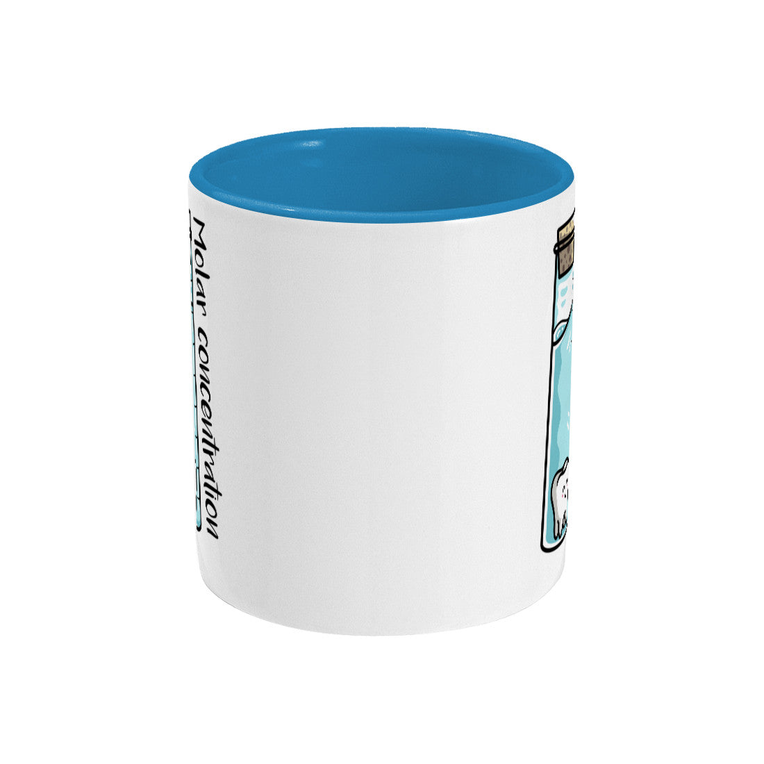 A corked chemistry vessel of liquid containing a molar tooth design on a two toned blue and white ceramic mug, side view