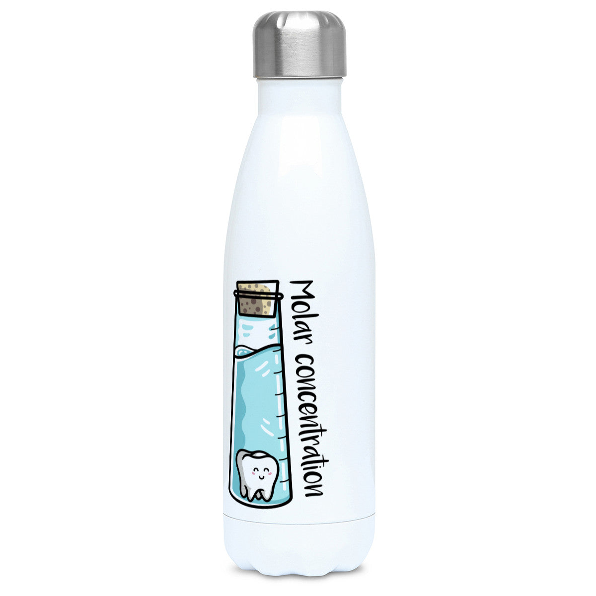 A corked chemistry vessel of liquid containing a molar tooth design on a white metal insulated drinks bottle, lid off