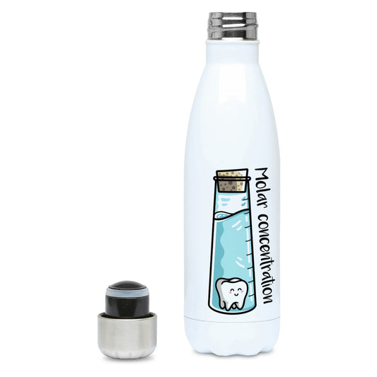 A corked chemistry vessel of liquid containing a molar tooth design on a white metal insulated drinks bottle, lid off