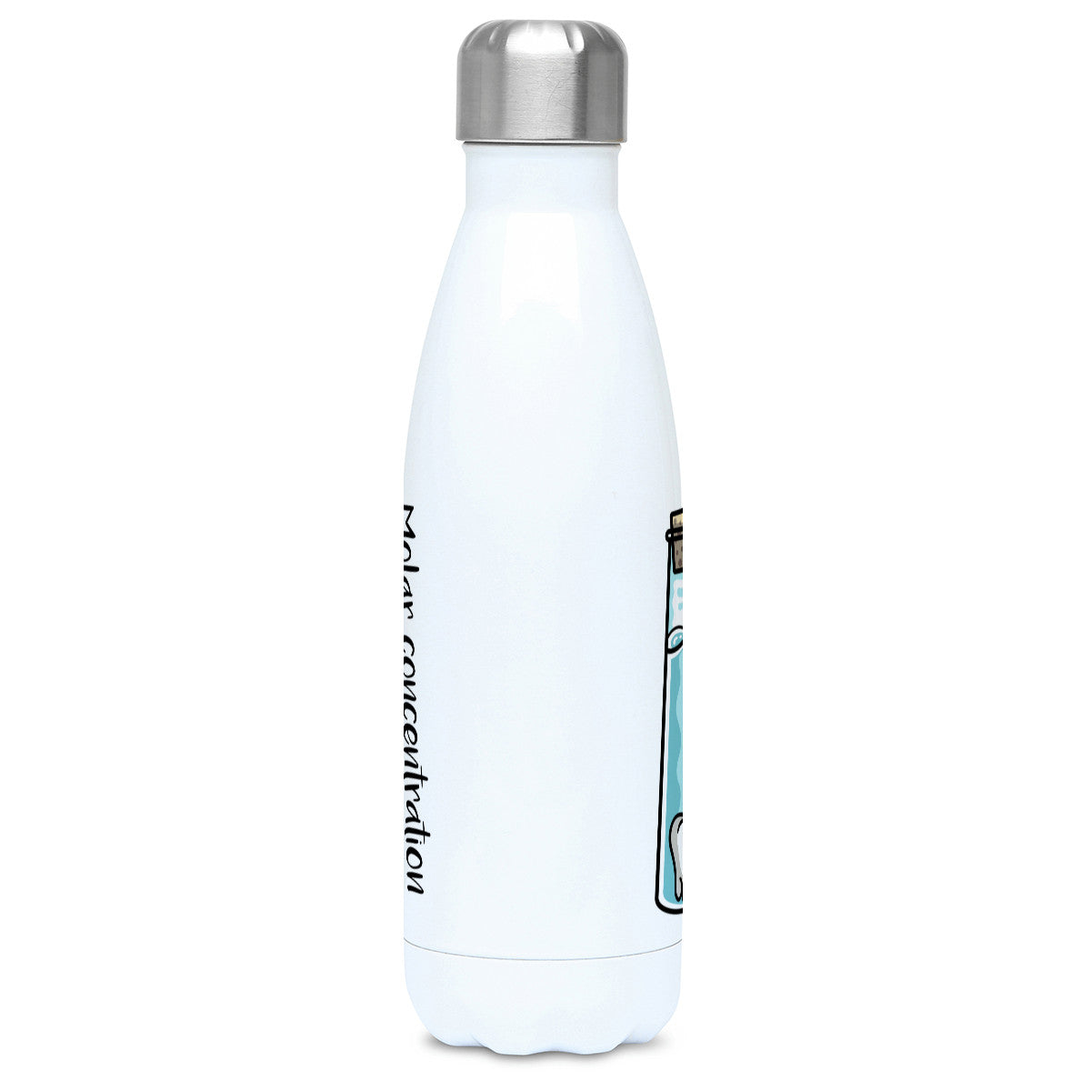 A corked chemistry vessel of liquid containing a molar tooth design on a white metal insulated drinks bottle, side view