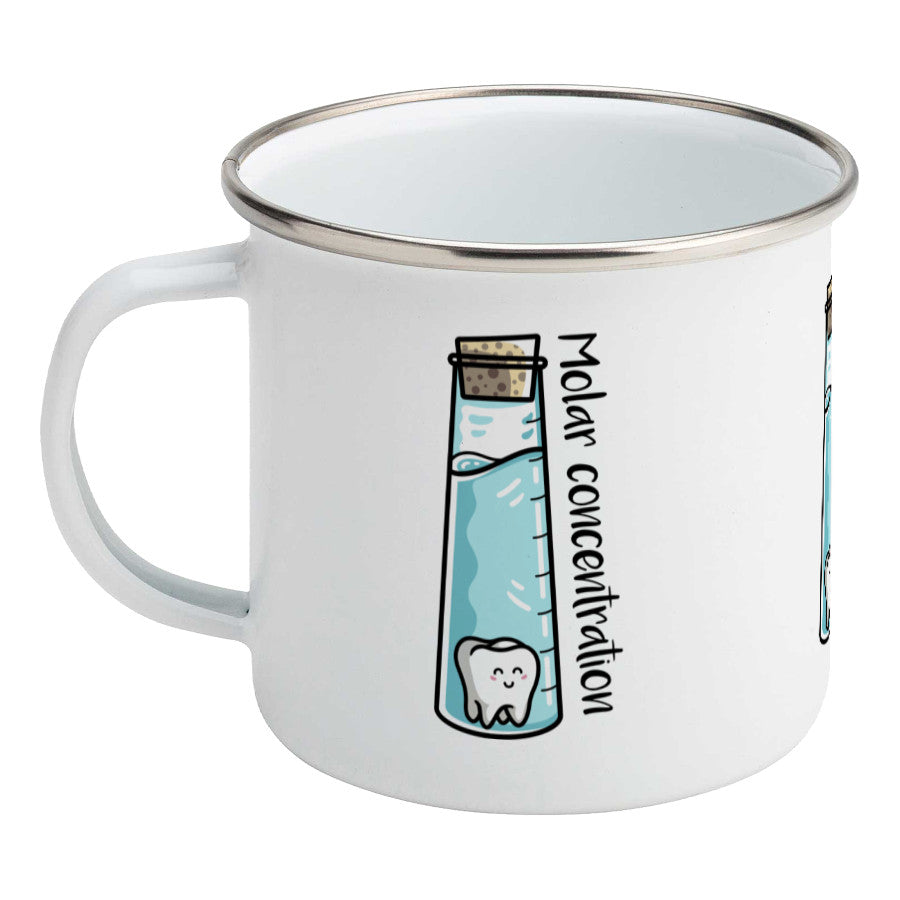 A corked chemistry vessel of liquid containing a molar tooth design on a silver rimmed white enamel mug, showing LHS