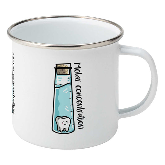 A corked chemistry vessel of liquid containing a molar tooth design on a silver rimmed white enamel mug, showing RHS