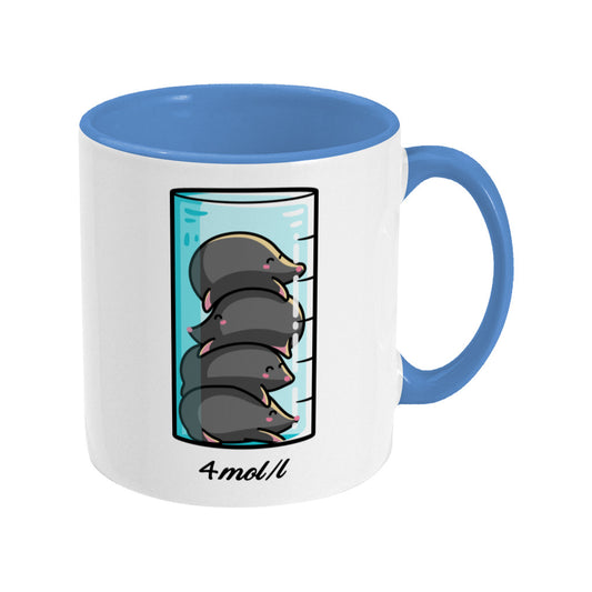 A two toned blue and white ceramic mug, handle to the right, with a design of a chemistry beaker filled with 4 cute moles.