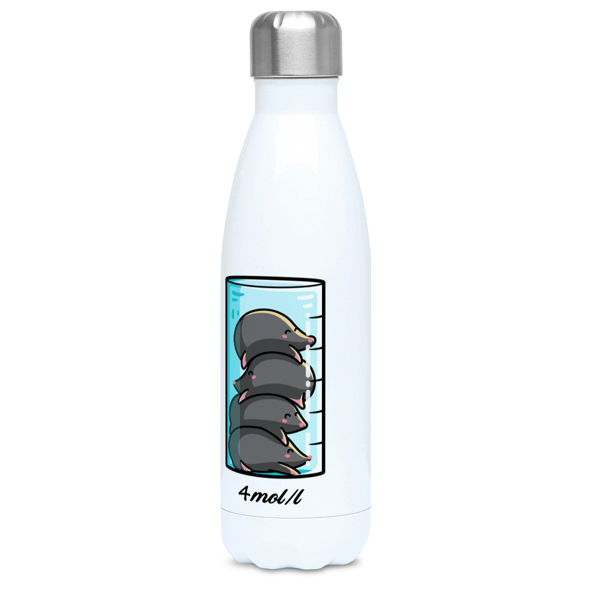 A chemistry beaker filled with 4 cute moles design on a white metal insulated drinks bottle, lid on