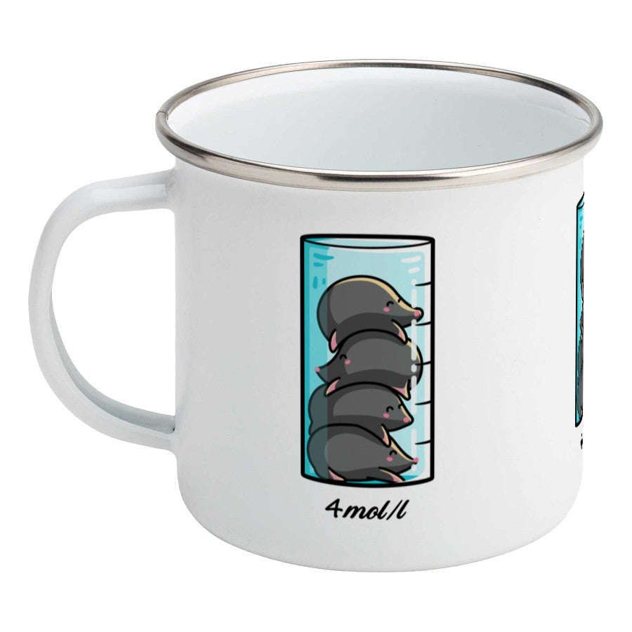A chemistry beaker filled with 4 cute moles design on a silver rimmed white enamel mug, showing LHS