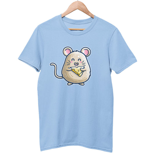 A pale sky blue colour unisex crewneck t-shirt on a hanger with a design on its chest of a kawaii cute mouse seen straight on delightedly holding a triangular wedge of cheese