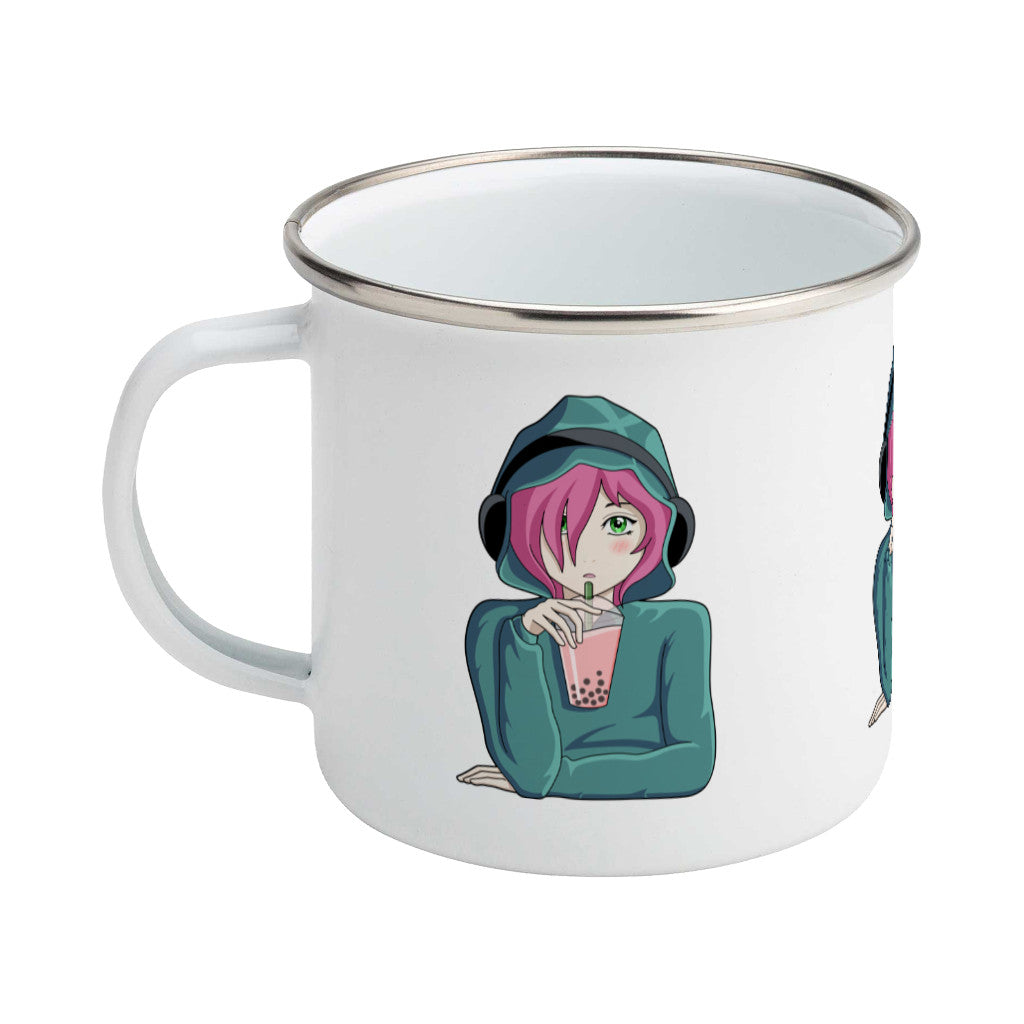 Anime girl wearing headphones and drinking boba design on a silver rimmed white enamel mug, showing LHS