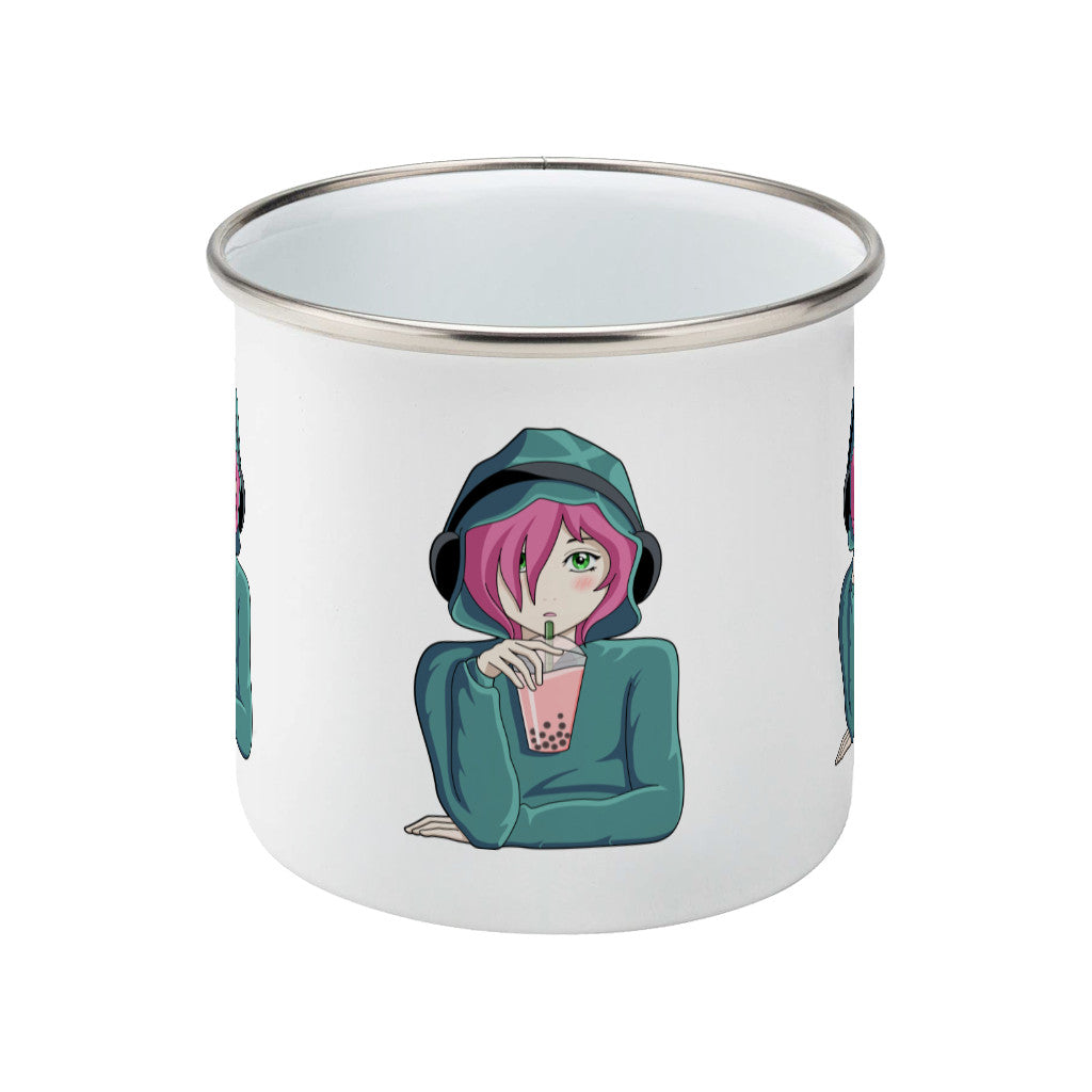 Anime girl wearing headphones and drinking boba design on a silver rimmed white enamel mug, showing side