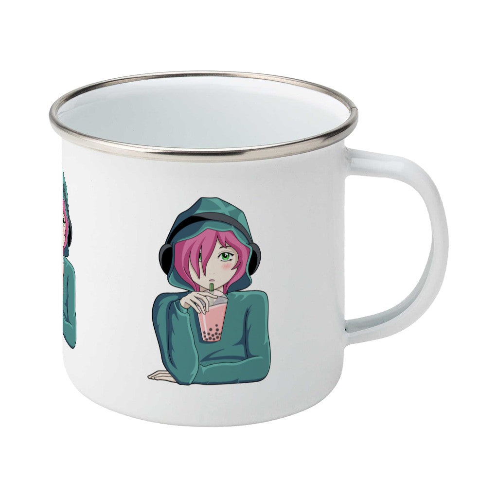 Anime girl wearing headphones and drinking boba design on a silver rimmed white enamel mug, showing RHS