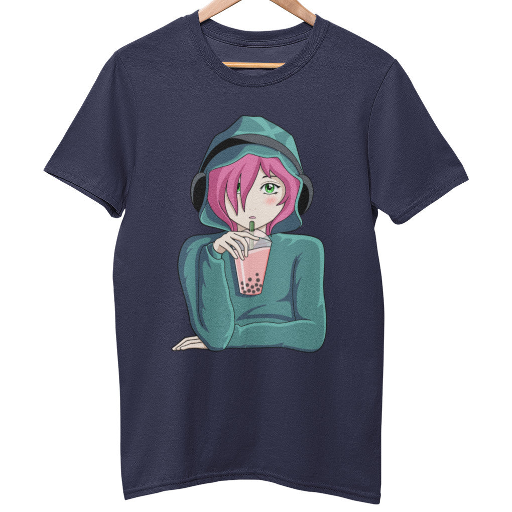 A navy blue unisex crewneck t-shirt on a wooden hanger with a design on its chest of a pink haired anime girl wearing a green hoodie and headphones drinking boba tea