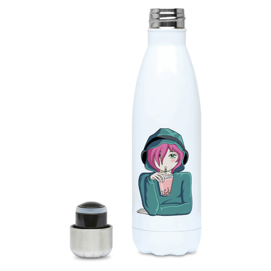 Anime girl wearing headphones and drinking boba design on a white metal insulated drinks bottle. Lid off