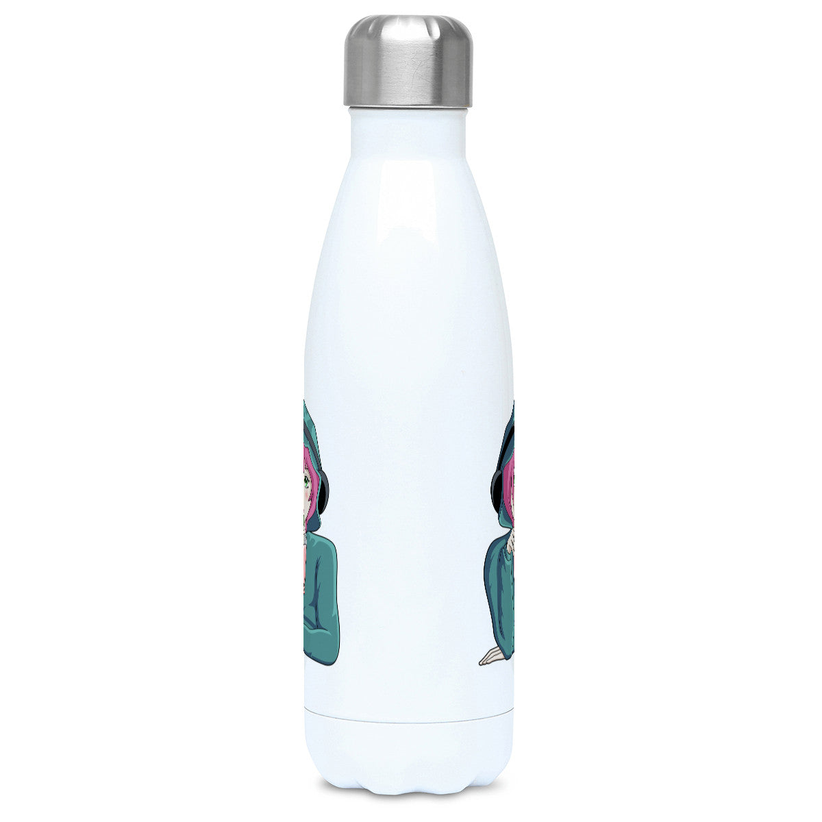 Anime girl wearing headphones and drinking boba design on a white metal insulated drinks bottle. Side angle