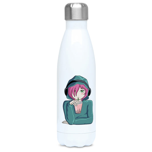Anime girl wearing headphones and drinking boba design on a white metal insulated drinks bottle. Lid on