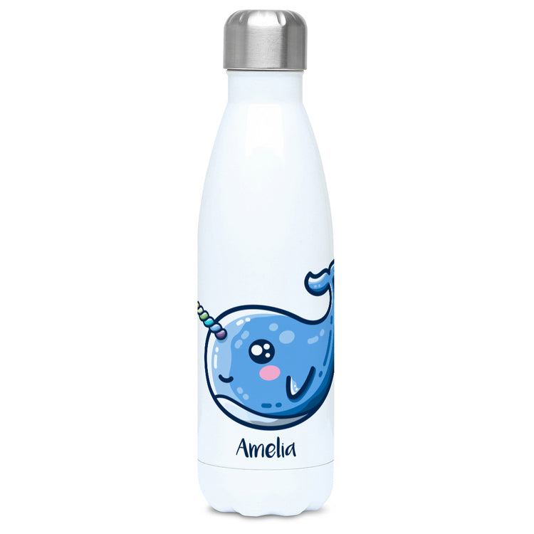 White stainless steel drinks bottle with a blue narwhal image