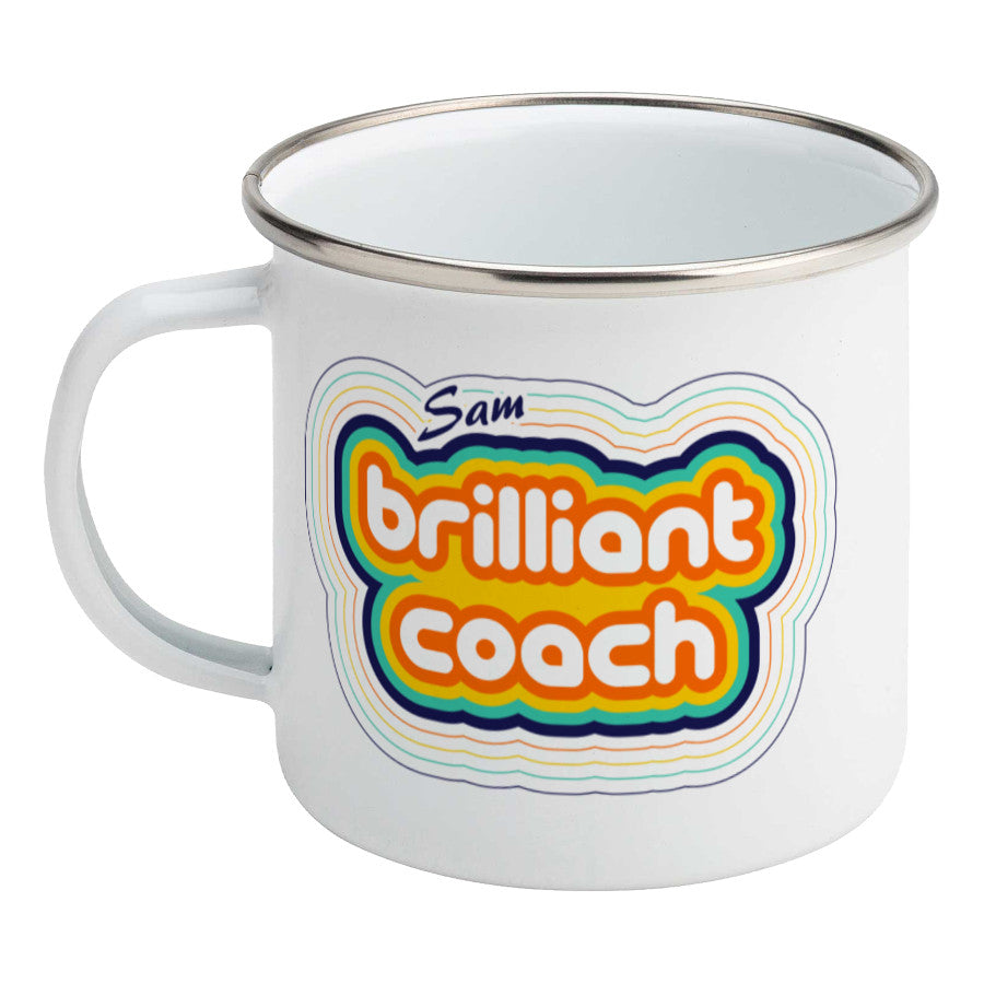 Personalised stripey brilliant coach design on a silver rimmed white enamel mug, showing LHS