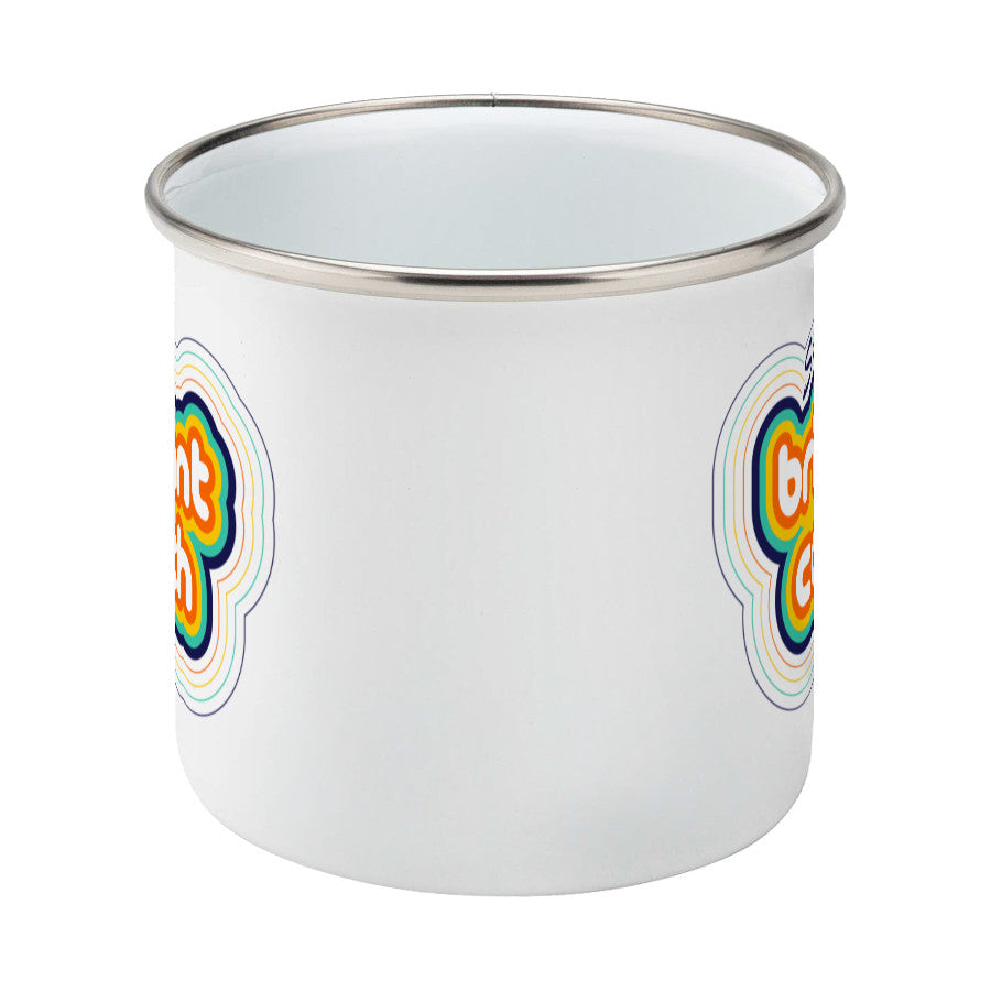 Personalised stripey brilliant coach design on a silver rimmed white enamel mug, side on