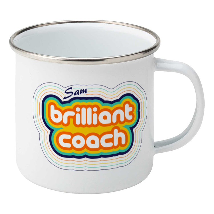 Personalised stripey brilliant coach design on a silver rimmed white enamel mug, showing RHS