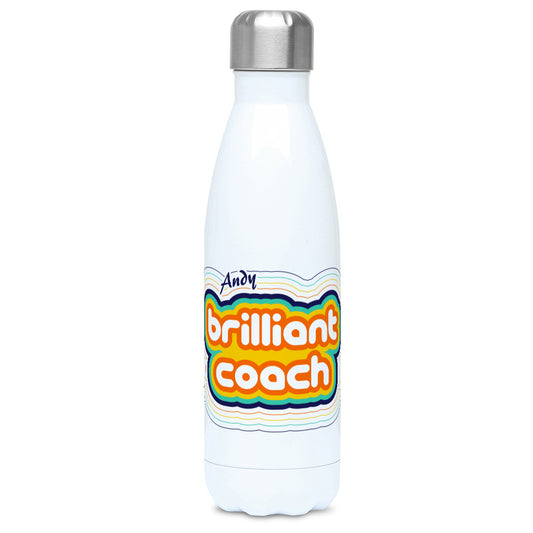 Personalised stripey brilliiant coach design on a white metal insulated drinks bottle, lid on