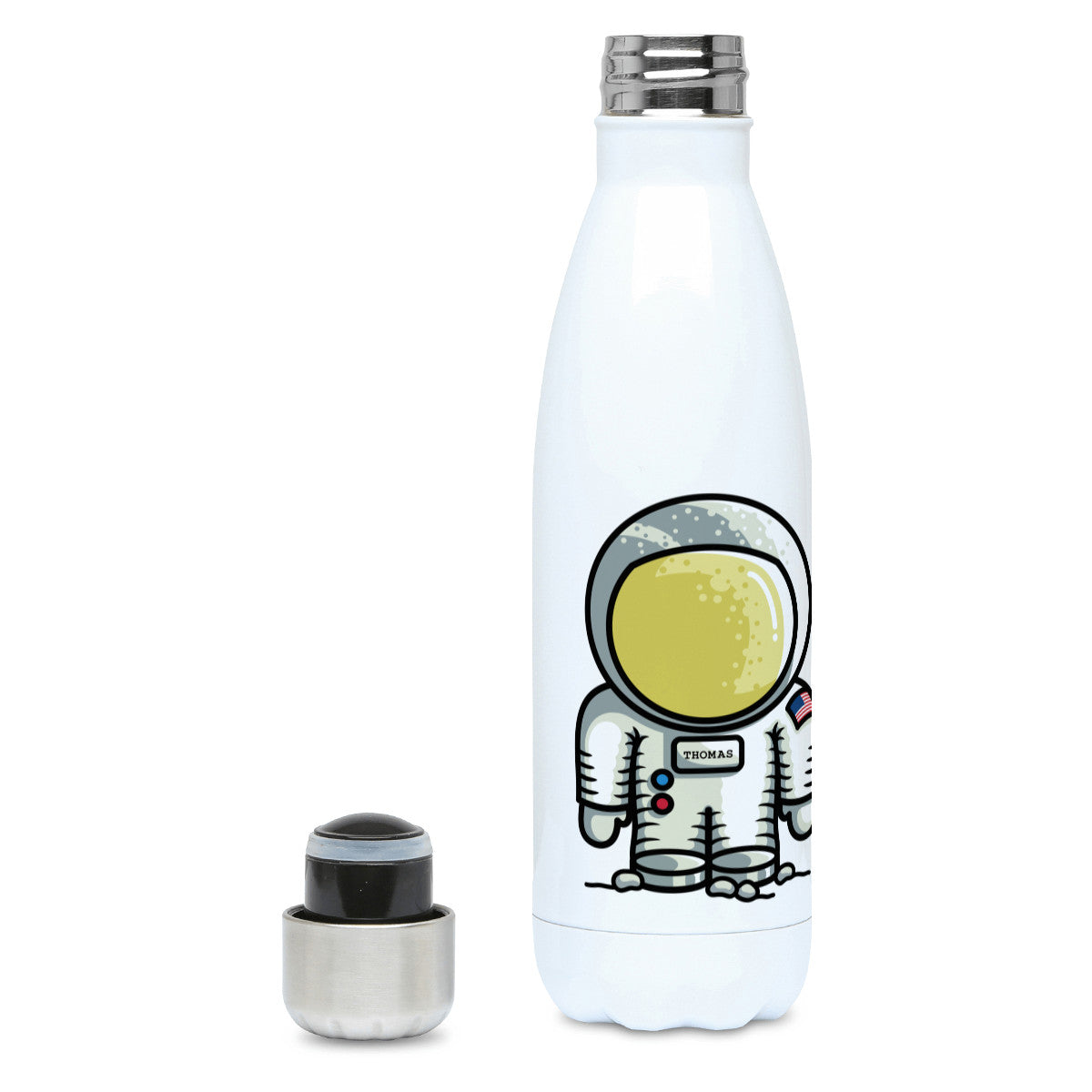 Personalised cute astronaut design on a white metal insulated drinks bottle, lid off