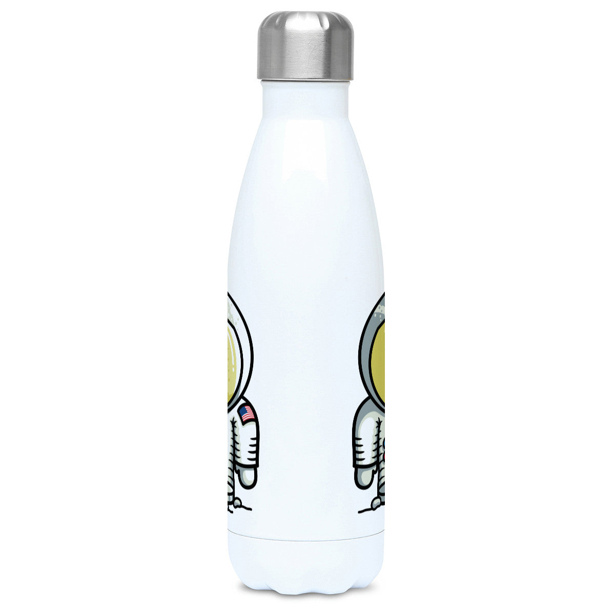 Personalised cute astronaut design on a white metal insulated drinks bottle, side view