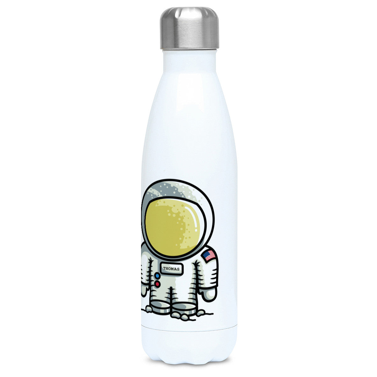 Personalised cute astronaut design on a white metal insulated drinks bottle, lid on