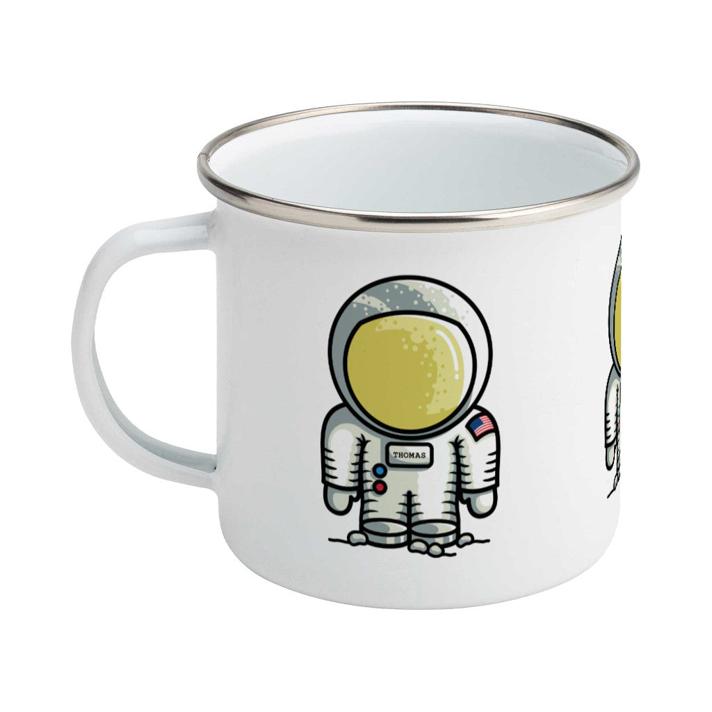 Personalised cute astronaut design on a silver rimmed white enamel mug, showing LHS