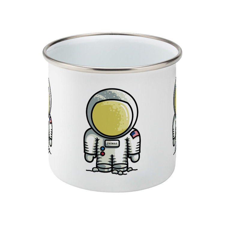 Personalised cute astronaut design on a silver rimmed white enamel mug, side view