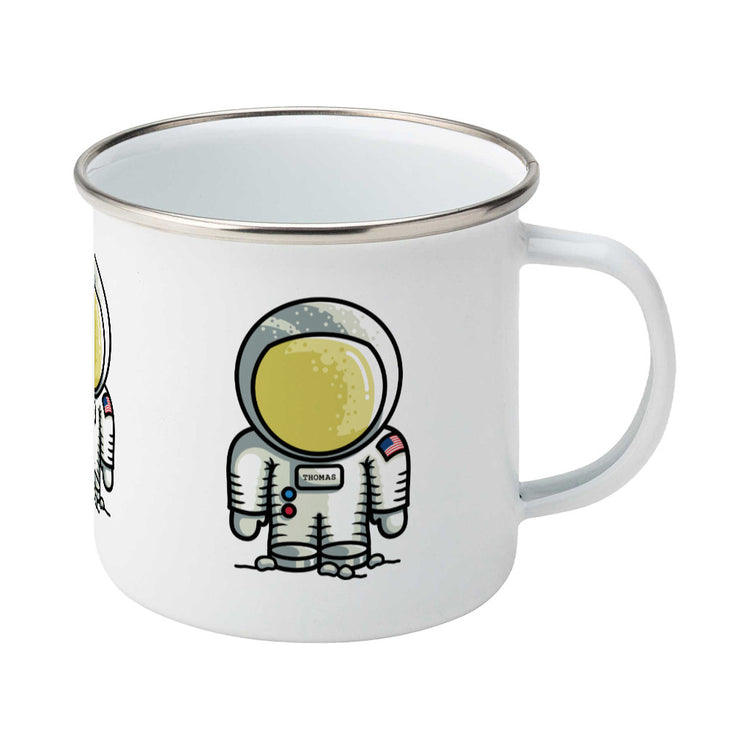 Personalised cute astronaut design on a silver rimmed white enamel mug, showing RHS