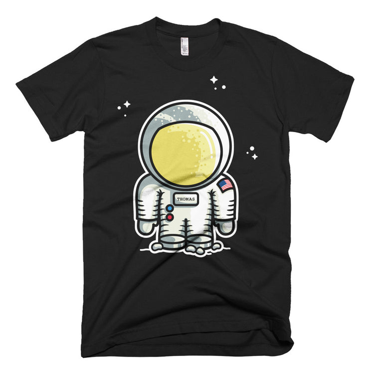 Personalised cute astronaut design design on a black mens cotton crewneck t-shirt