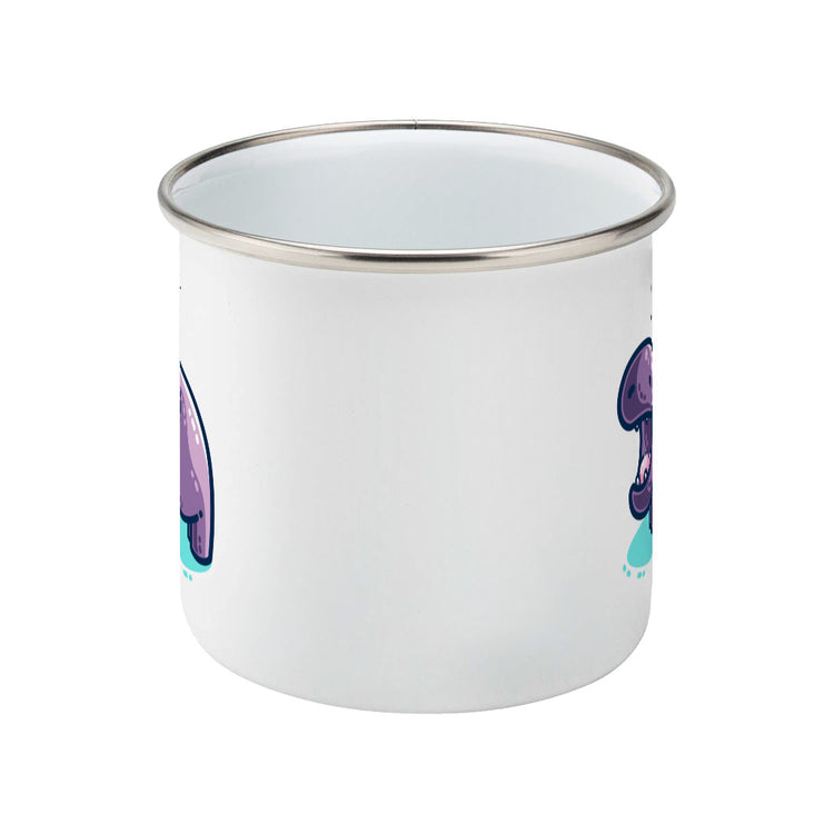 A white enamel mug with a silver rim, handle hidden around the other side of the mug, the edges of the design just visible to the left and right edges of the mug.