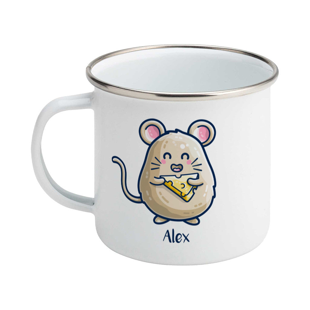 Mouse Holding Cheese Cute Personalised Silver Rimmed Enamel Mug