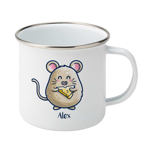Mouse Holding Cheese Cute Personalised Silver Rimmed Enamel Mug