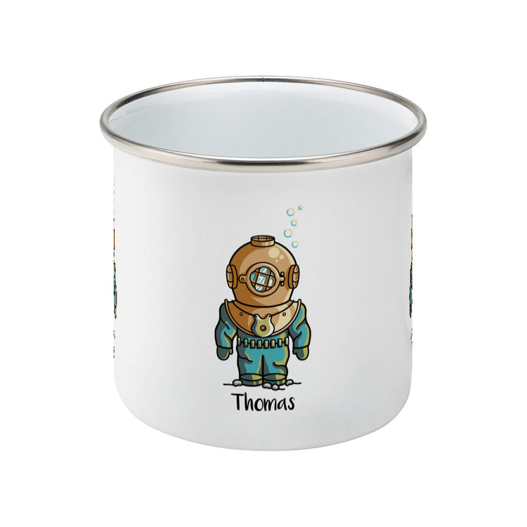 Personalised cute vintage deep sea diver design on a silver rimmed white enamel mug, side view