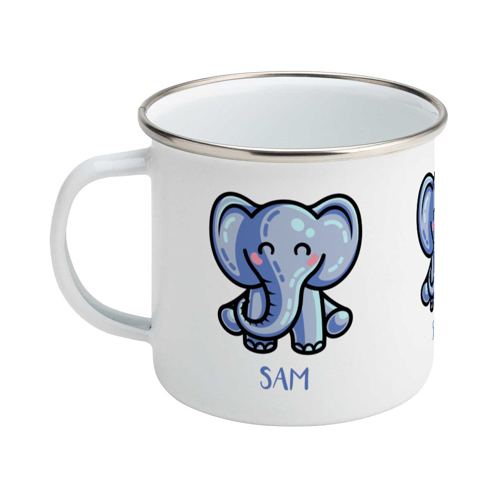 Personalised kawaii cute blue elephant design on a silver rimmed white enamel mug, showing LHS