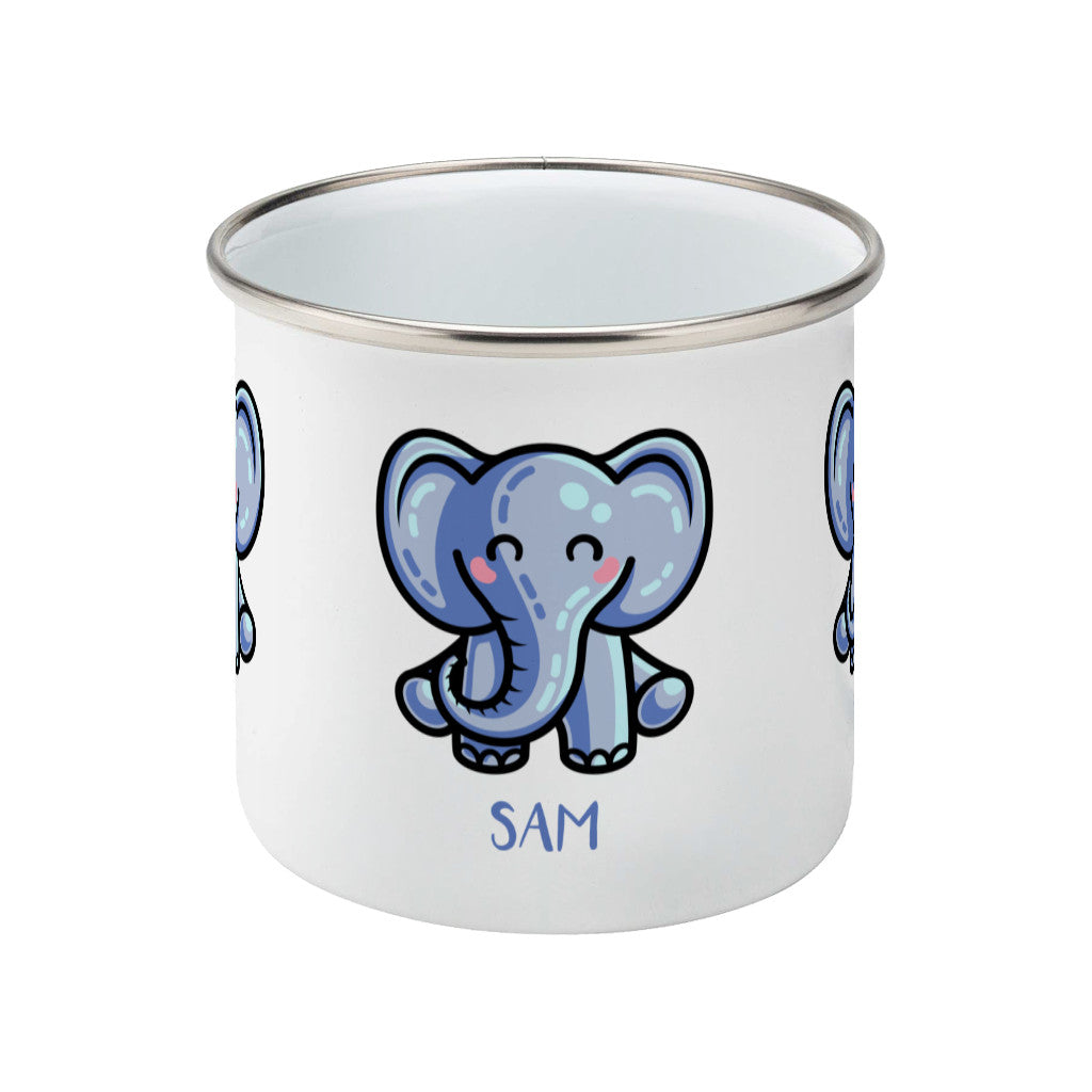 Personalised kawaii cute blue elephant design on a silver rimmed white enamel mug, side view