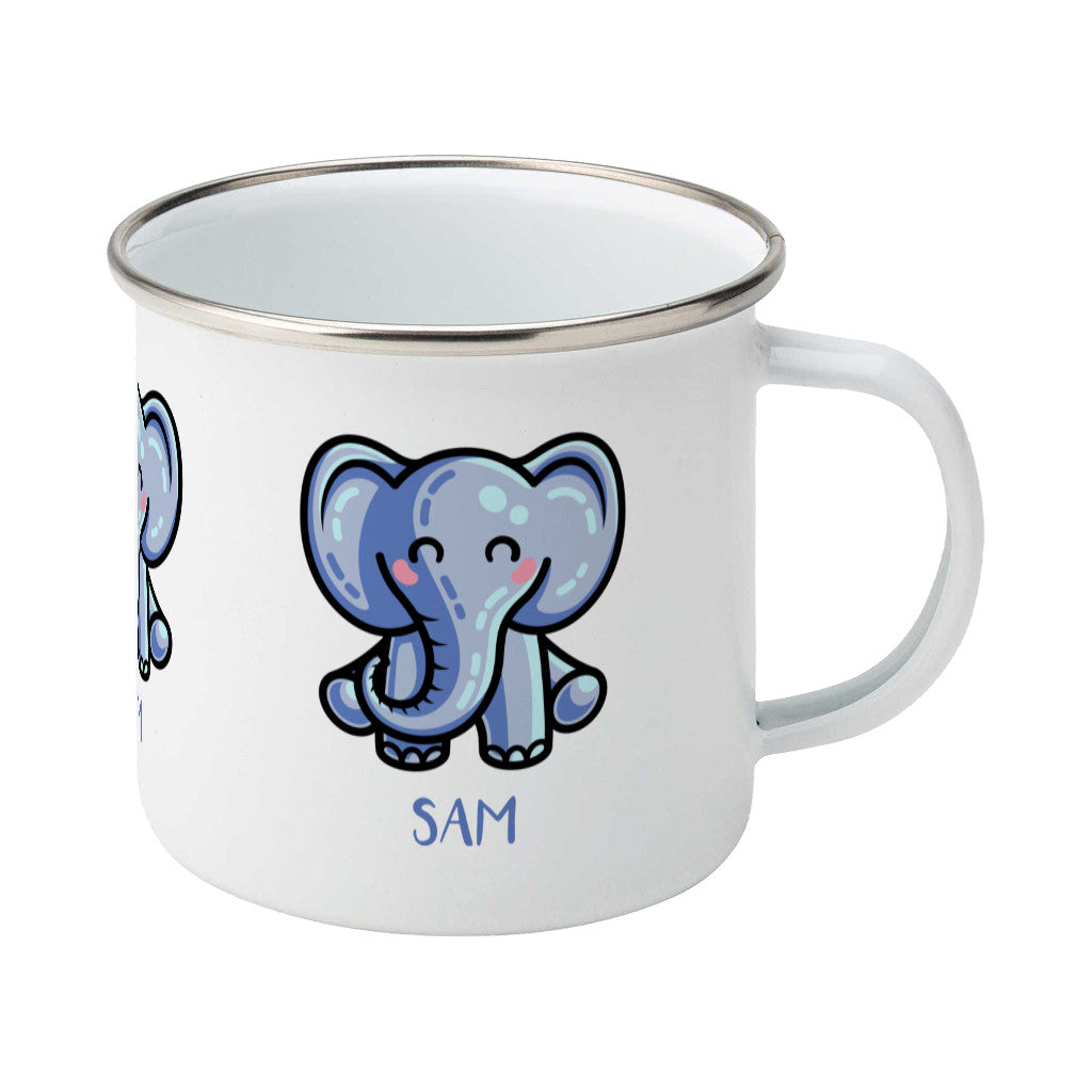 Personalised kawaii cute blue elephant design on a silver rimmed white enamel mug, showing RHS