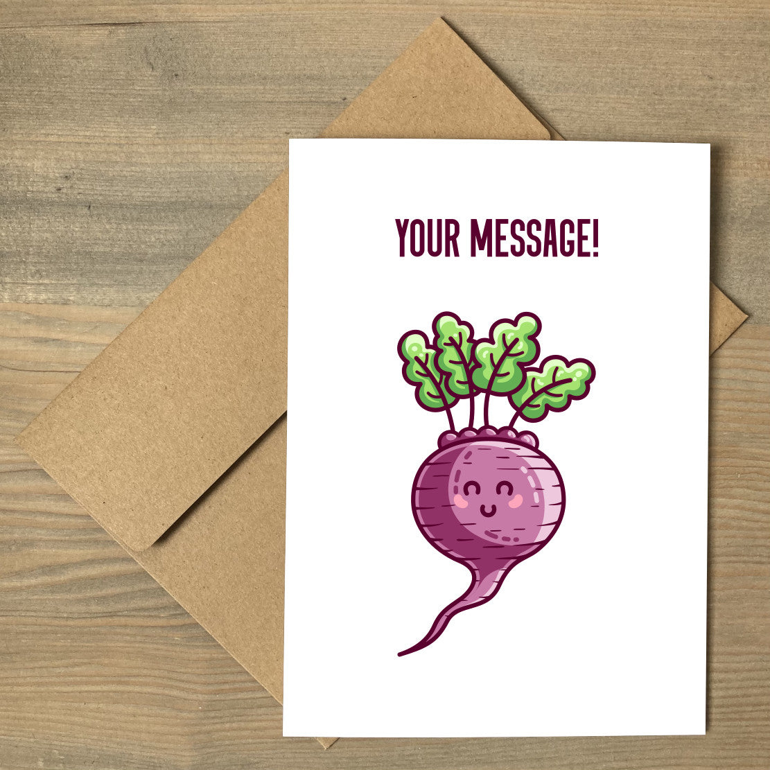 A white greeting card lying flat on a brown envelope, with a design of a kawaii cute leafy beetroot and your personalised wording above