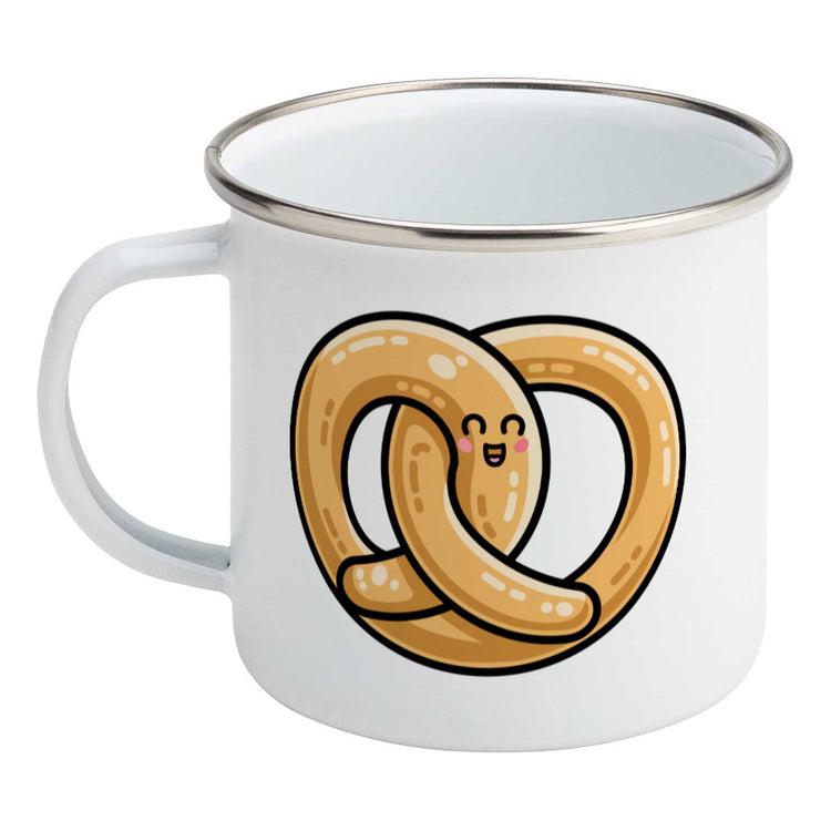 Kawaii cute pretzel design on a silver rimmed white enamel mug, showing LHS