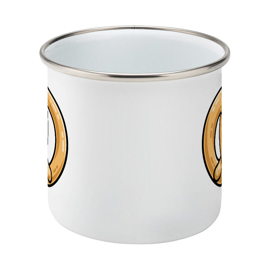 Kawaii cute pretzel design on a silver rimmed white enamel mug, side view