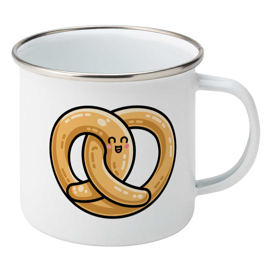 Kawaii cute pretzel design on a silver rimmed white enamel mug, showing RHS