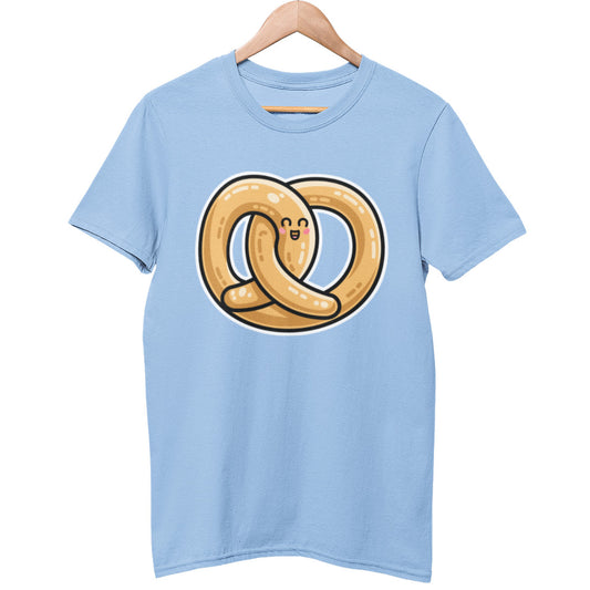 A pale blue colour unisex crewneck t-shirt on a hanger with a design on its chest of a kawaii cute pretzel snack seen straight on