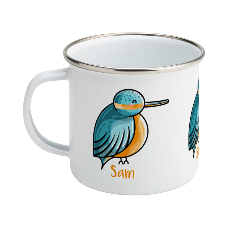Cute turquoise and orange kingfisher design personalised with a name on a silver rimmed white enamel mug, showing LHS