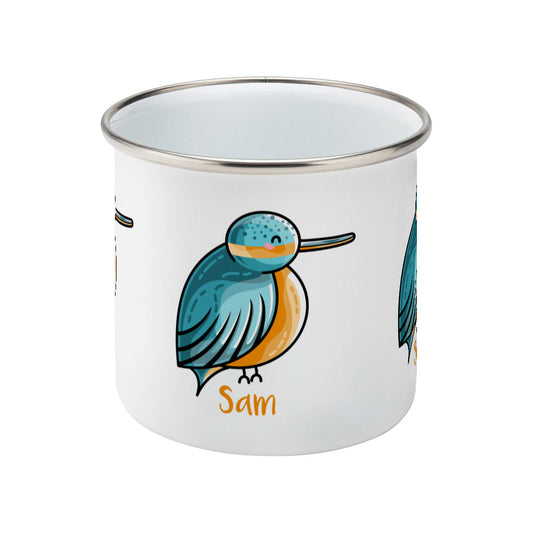 Cute turquoise and orange kingfisher design personalised with a name on a silver rimmed white enamel mug, middle view