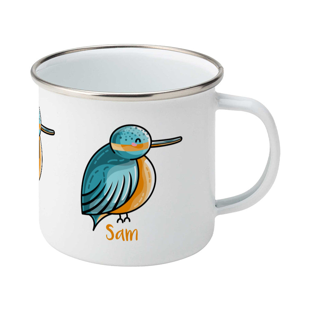 Cute turquoise and orange kingfisher design personalised with a name on a silver rimmed white enamel mug, showing RHS