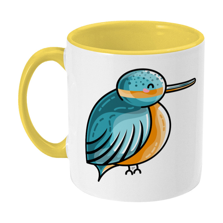 Turquoise and orange cute kingfisher design on a two toned yellow and white ceramic mug, showing LHS