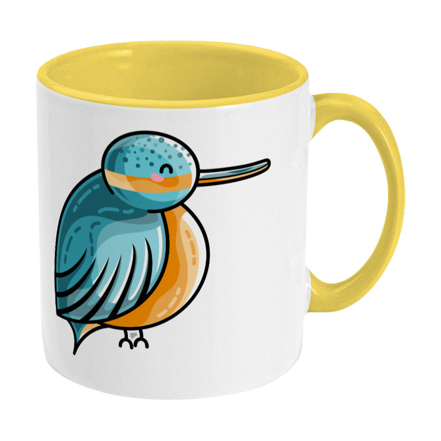 Turquoise and orange cute kingfisher design on a two toned yellow and white ceramic mug, showing RHS