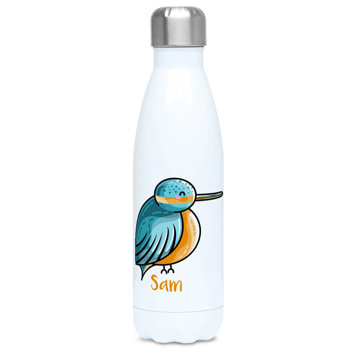 cute turquoise and orange kingfisher design personalised with a name on a white metal insulated drinks bottle, lid on